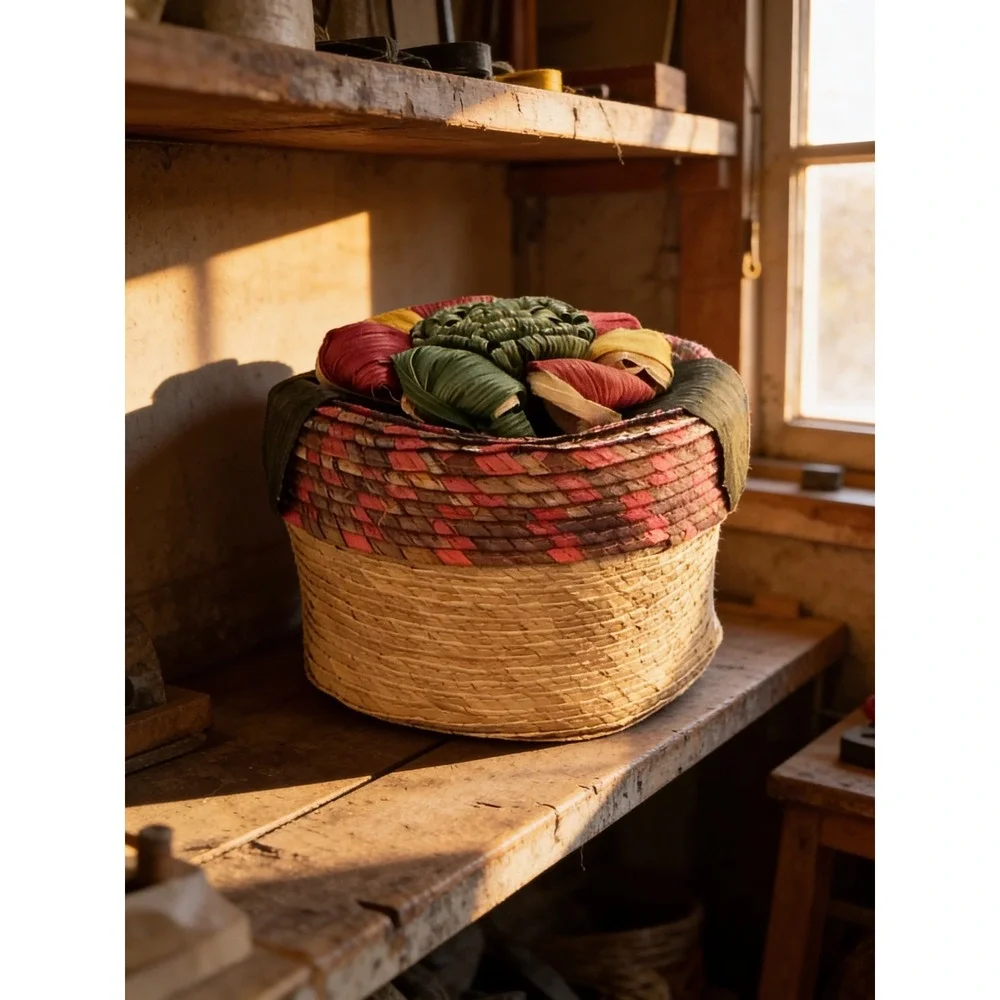 Vintage Woven Straw Trinket Box Floral Lid Round 4 Inch Boho Decor